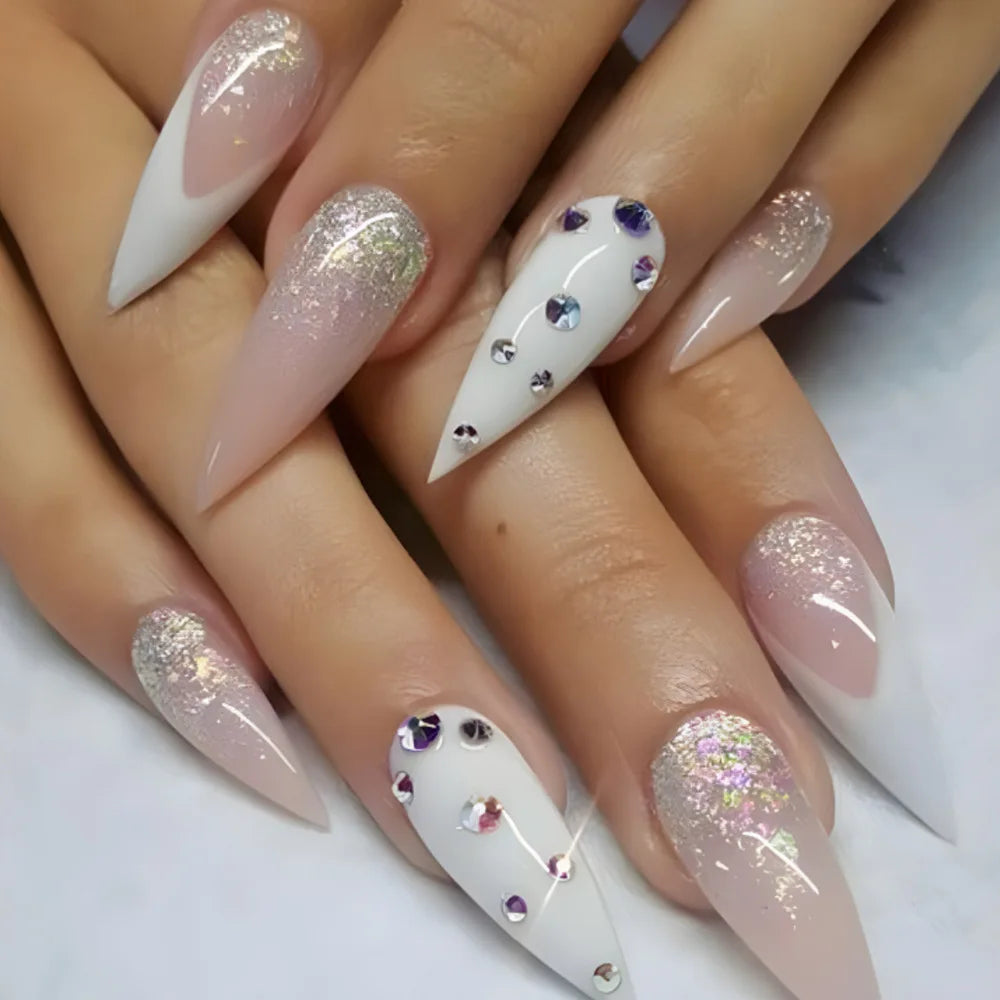 maoxiangshop 24Pcs False Nails With Glue Almond Pink Butterfly Design Detachable Rhinestones Acrylic Fake Nails long stiletto Press On Nails