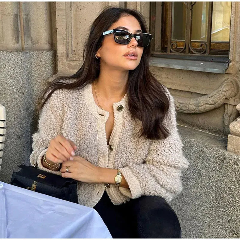 maoxiangshop - Fashion Lamb Wool Women Short Coats O-neck Long Sleeve Single Breasted Jackets Female Autumn Winter Office Lady Commuting Coat