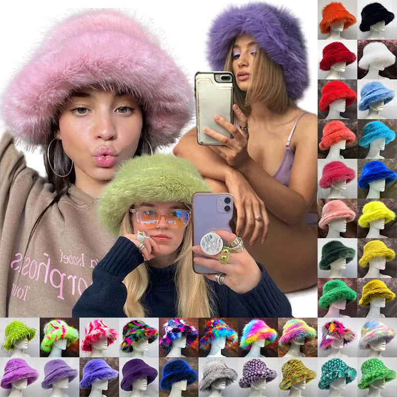 maoxiangshop - Luxury Ins Hot Y2k Girls Faux Fox Fur Bucket Hat Women Winter Warm Rabbit Fur Plush Fisherman Hat Cap Festival Party Ski Panama