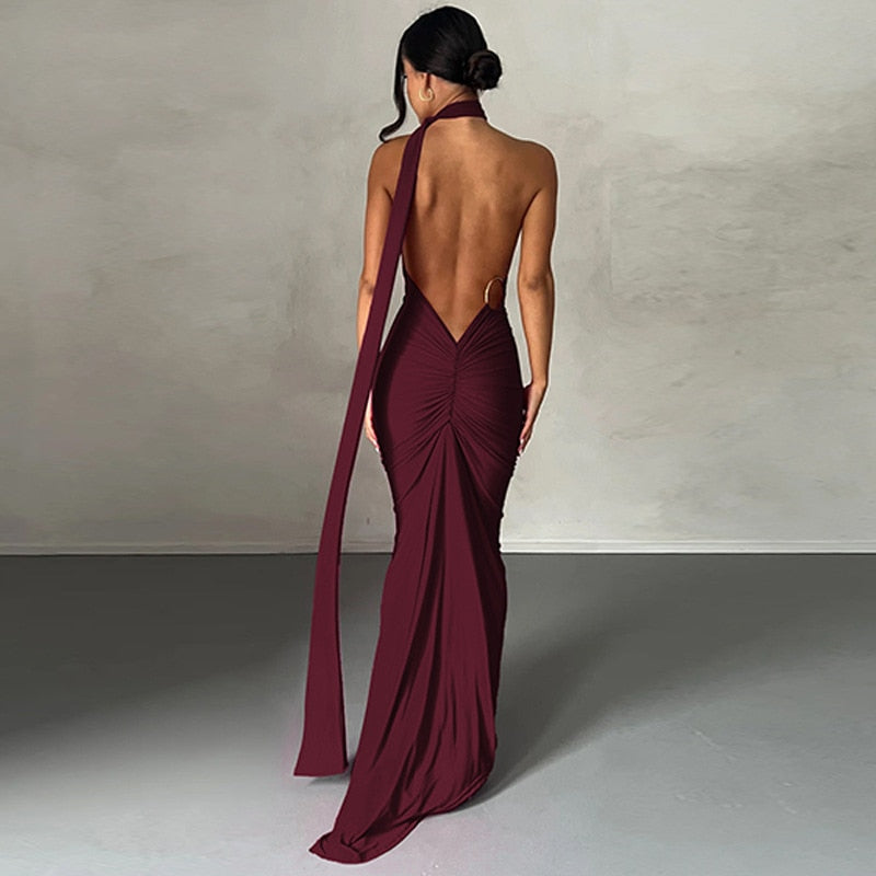 maoxiangshop Backless Maxi Dress Elegant Red Long Sleeve Sexy Ruched Bodyocn Evening Party Dress for Women Spring Slim Christmas Outfits
