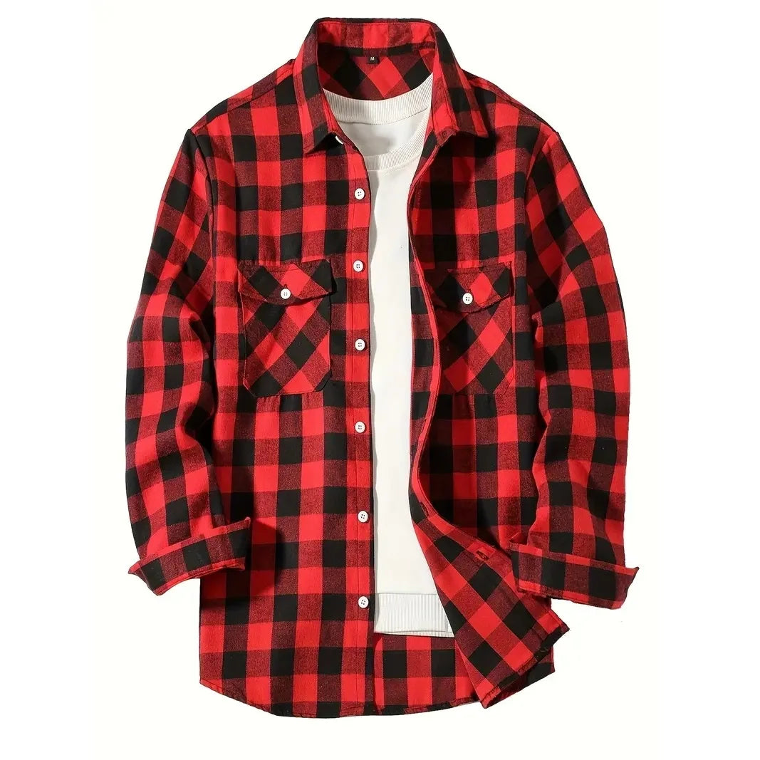maoxiangshop Men's Shirts Button-Up Classic Plaid Smart Casual Flannel Shirt Long Sleeved Chest Two Pockets Design Spring Autumn Men Tops