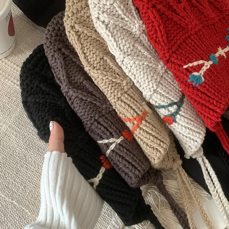 maoxiangshop - Knitted Beanies Hat for Women Bohemian Tassel Flower Crocheted Woolen Pullover Cap Autumn Winter Warm Thicken Ear Protection Cap