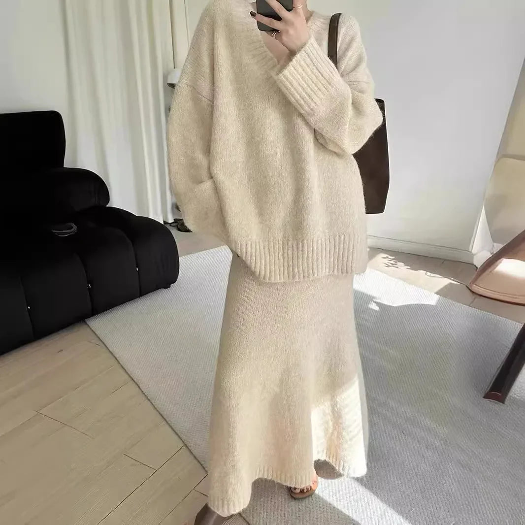 maoxiangshop - Autumn Winter Knitting Women Suit Winter Sweater Long Skirts Sets V-neck Pullover Top + High Waist Fishtail Skirt Two Piece Set