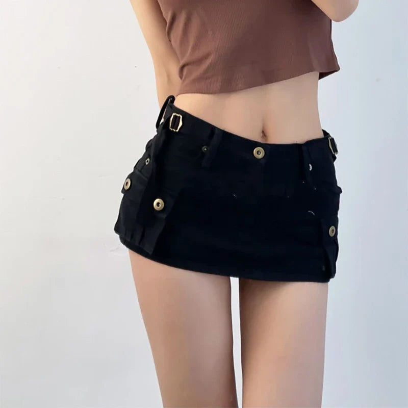 maoxiangshop Denim Cargo Mini Skirt Women Korean Style Low Waist Slim Sexy Vintage Streetwear Green Jean Skirt Y2k Girl Summer