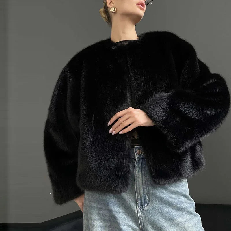 maoxiangshop - Elegant Faux Fur Women Coat Thicken Full Sleeve O Neck Lady Short Jacket 2024 Autumn Winter Warm Highstreet Female Outwear