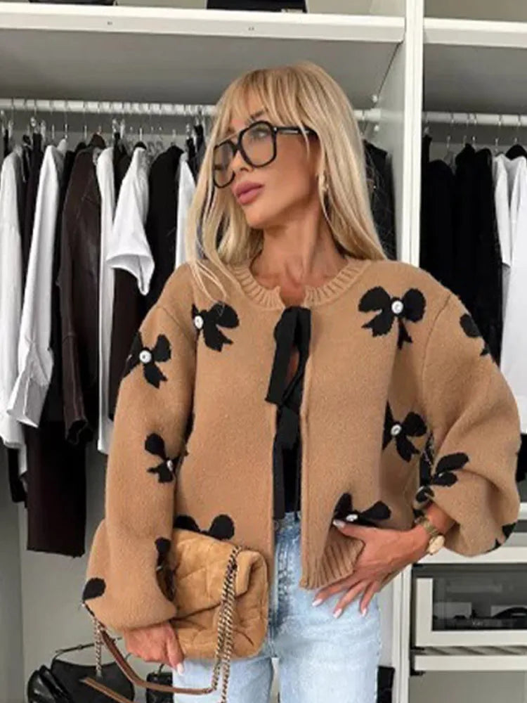 maoxiangshop - Women Faux Fur Half Sleeve Cardigans Coats Fashion O-neck 3D Flower Buttons Long Sleeves Sweater 2024 Autumn Soft Brown Tops
