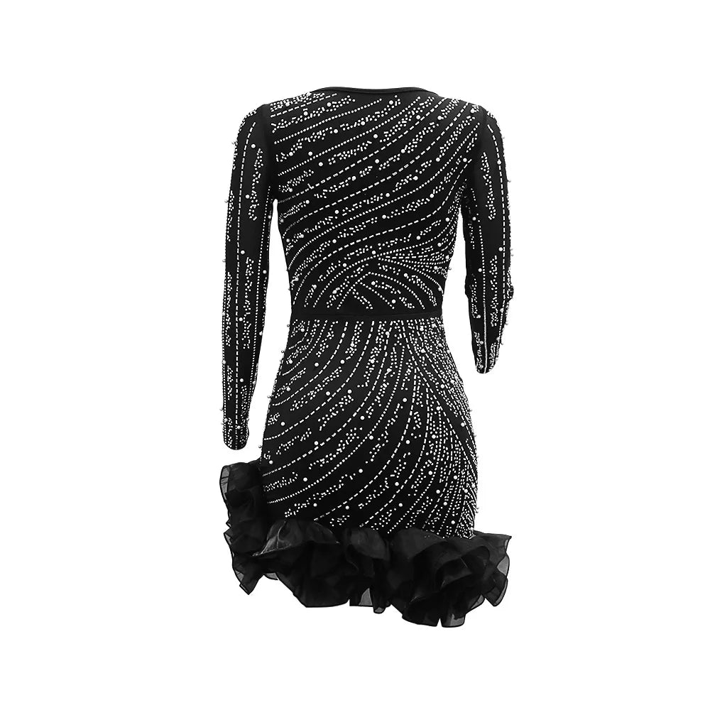 maoxiangshop Long Sleeve V Neck Transparent Club Dress Sexy Glittering Diamonds Dress Women Party Birthday Bodycon Mini Dresses Vestidos