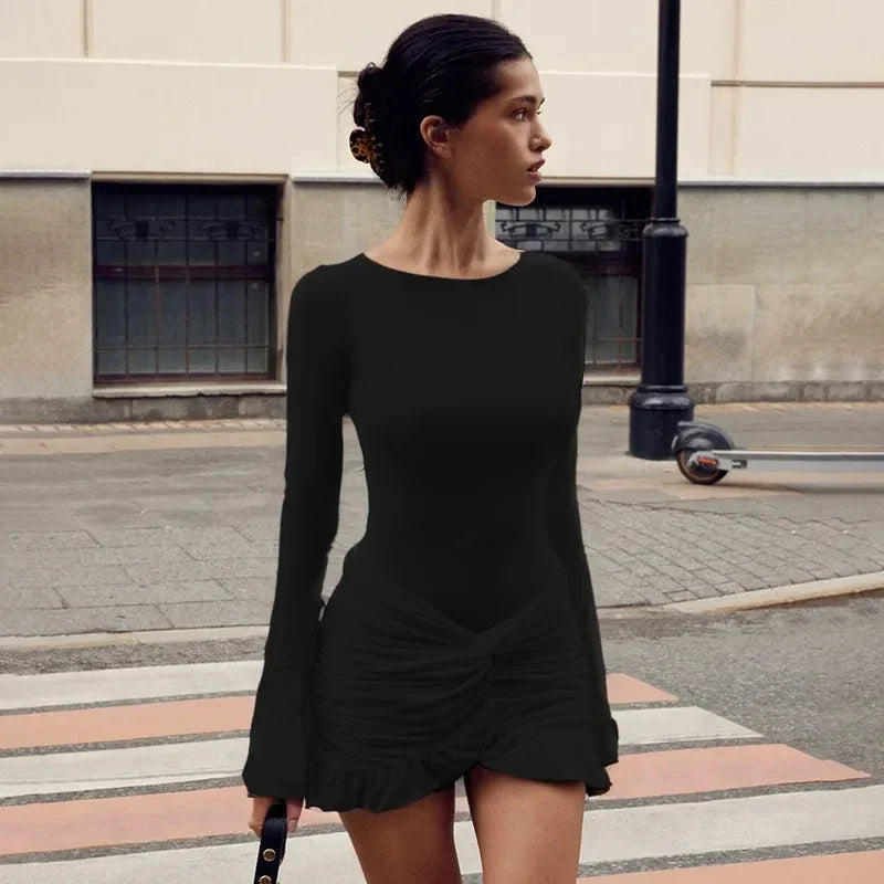 maoxiangshop - Pleated Twist Mini Dress For Women Bodycon O Neck Long Sleeve Sexy Dresses Solid Patchwork Autumn Fashion Gown Dress