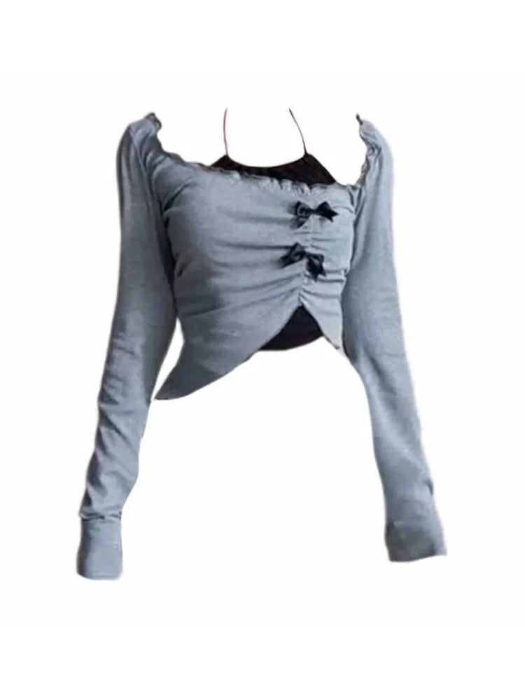 maoxiangshop2 Autumn Women Two Pieces Set Halter Top Korean Fashion Gyaru Long Sleeve Crop Tops T-Shirts Y2k Streetwear Tees Coquette Girl New