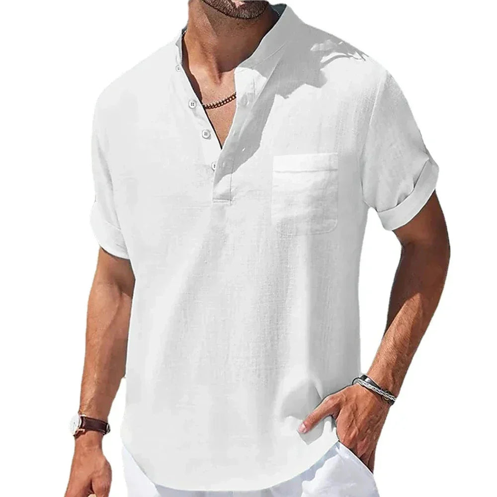 maoxiangshop New Men's Short Sleeve Breathable T-shirts Summer Solid Color Basic Pocket Shirts for Men Oversized Half Button Linen Streetwear