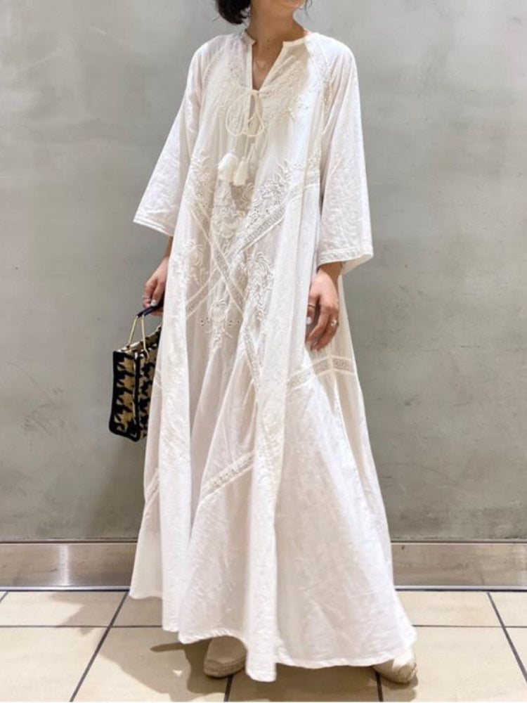 Women's Summer Dress Loose Embroidered White Lace V-Neck Long Beach Dress Elegant Dress Holiday Women's White Dress