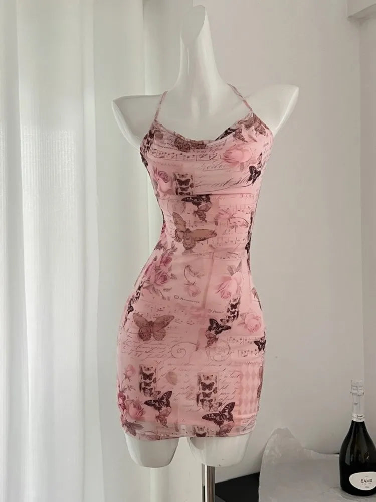 maoxiangshop Sexy Bodycon Backless Bandage Long Dresses for Women Summer Elegant Printed Spaghetti Strap Lace-up Party Dress Prom Vestidos