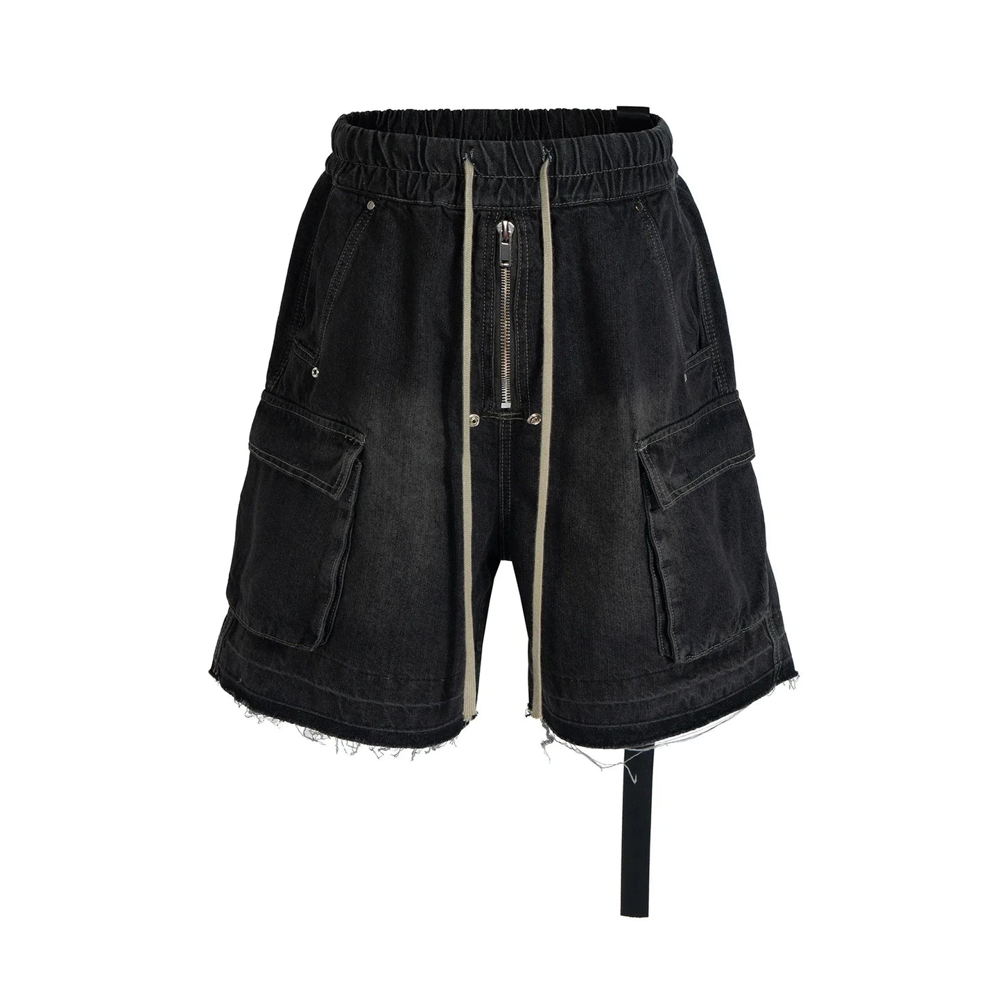 maoxiangshop Style Ribbons Streetwear Multi-pockets Cargo Short for Men Elastic Waist Wide Leg Baggy Jeans Knee Length Pants Loose Overall