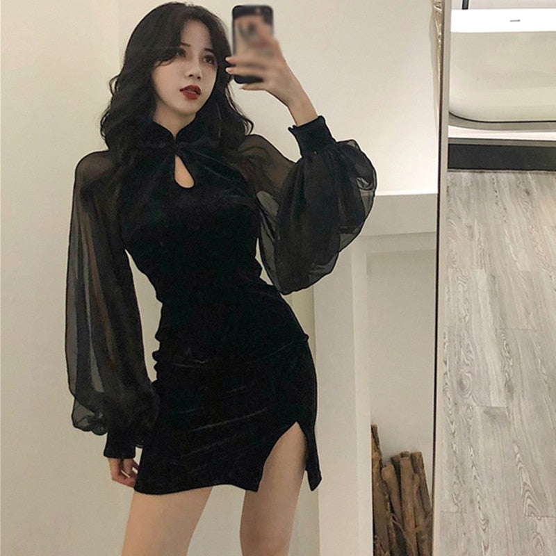 maoxiangshop Women's Cheongsam Qipao Dress Velvet Side Split Lantern Sleeve Slim Fit Long Sleeves Dress Mandarin Collar Mini Dress