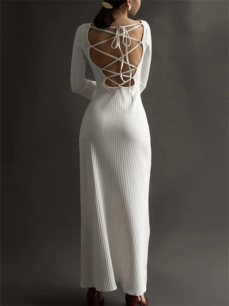 maoxiangshop - Ribbed Backless Slim Maxi Dress Female Long Sleeve High Waist Hollow Out Bandage Autumn Party Dress Women White Long Dress