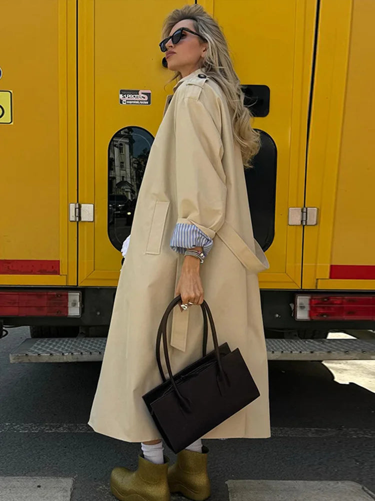maoxiangshop - Vintage Splicing Striped Khaki Trench Women Retro Lapel Single-Breasted Long Windbreaker Lady Autumn Elegant Chic Street Outwear
