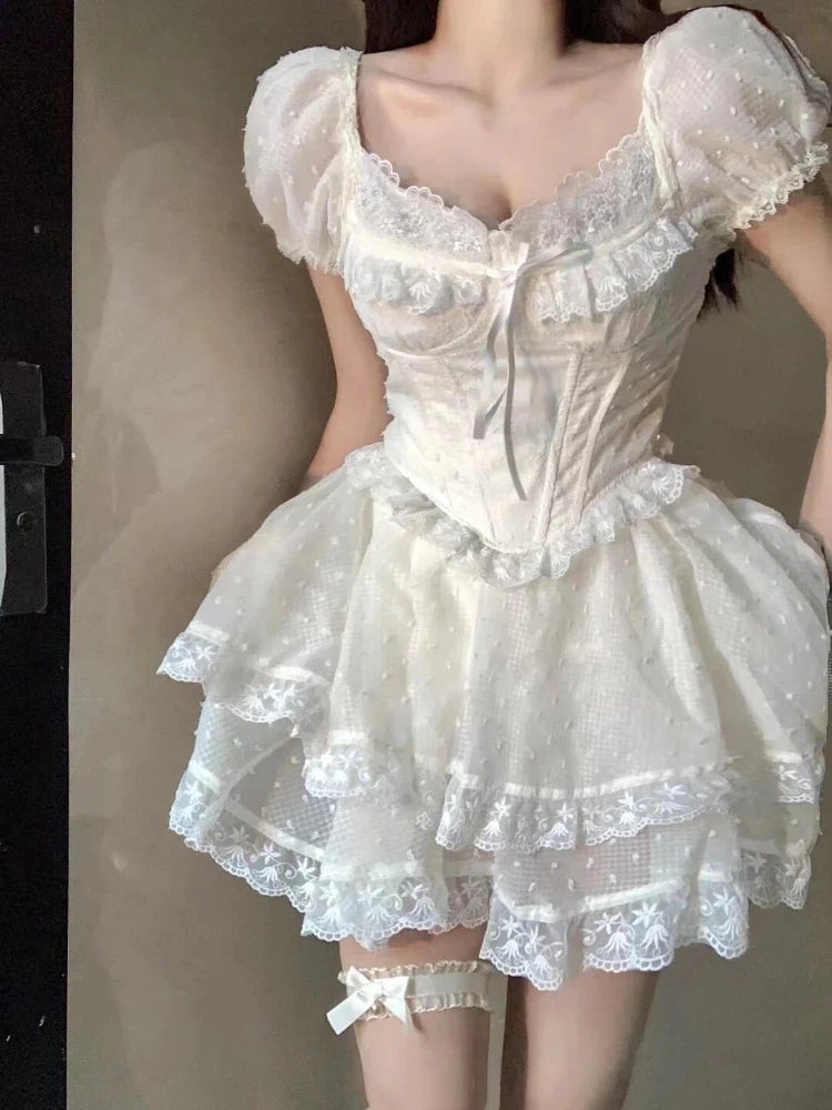 maoxiangshop - French Elegant Sweet 2 Piece Skirt Set Women Casual Y2k Crop Tops + Cute Lace Mini Skirt Japanes Kawaii Skirt Suits 2024 Summer