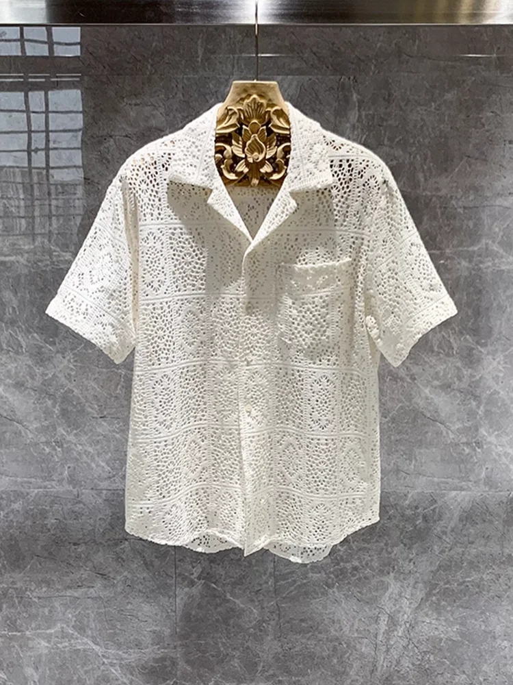 maoxiangshop Summer Mens Hollow Out Crochet Beach Shirt Short Sleeve Single Breasted Loose Fit Tops Vintage Breathable Night Clubwear Shirts