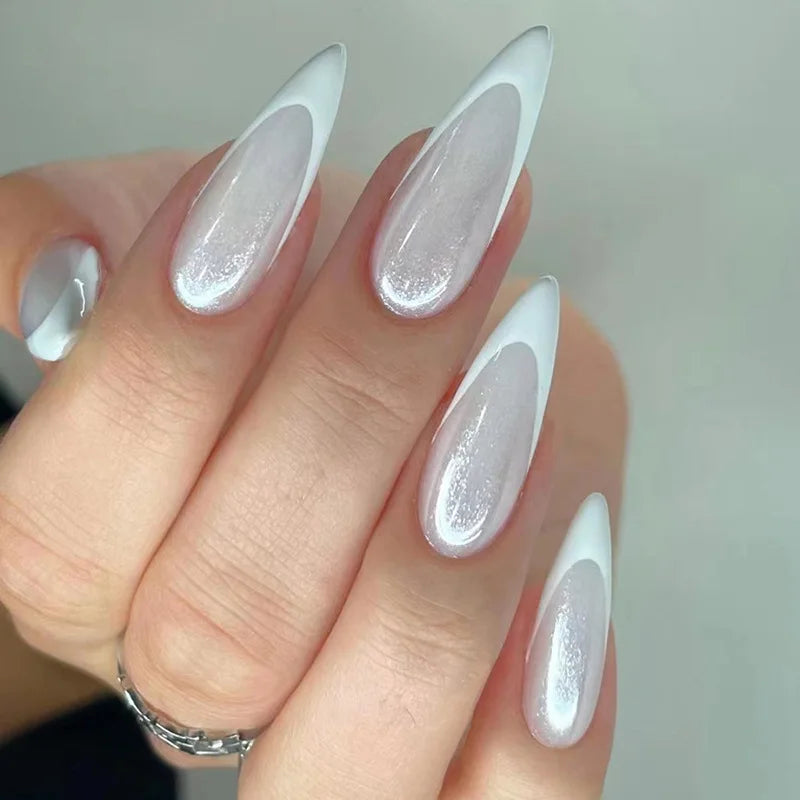 maoxiangshop 24Pcs Aurora French Finished Fake Fingernails Long Stiletto False Nails Almond Spike Head Press on Nails Manicure Nail Supplies