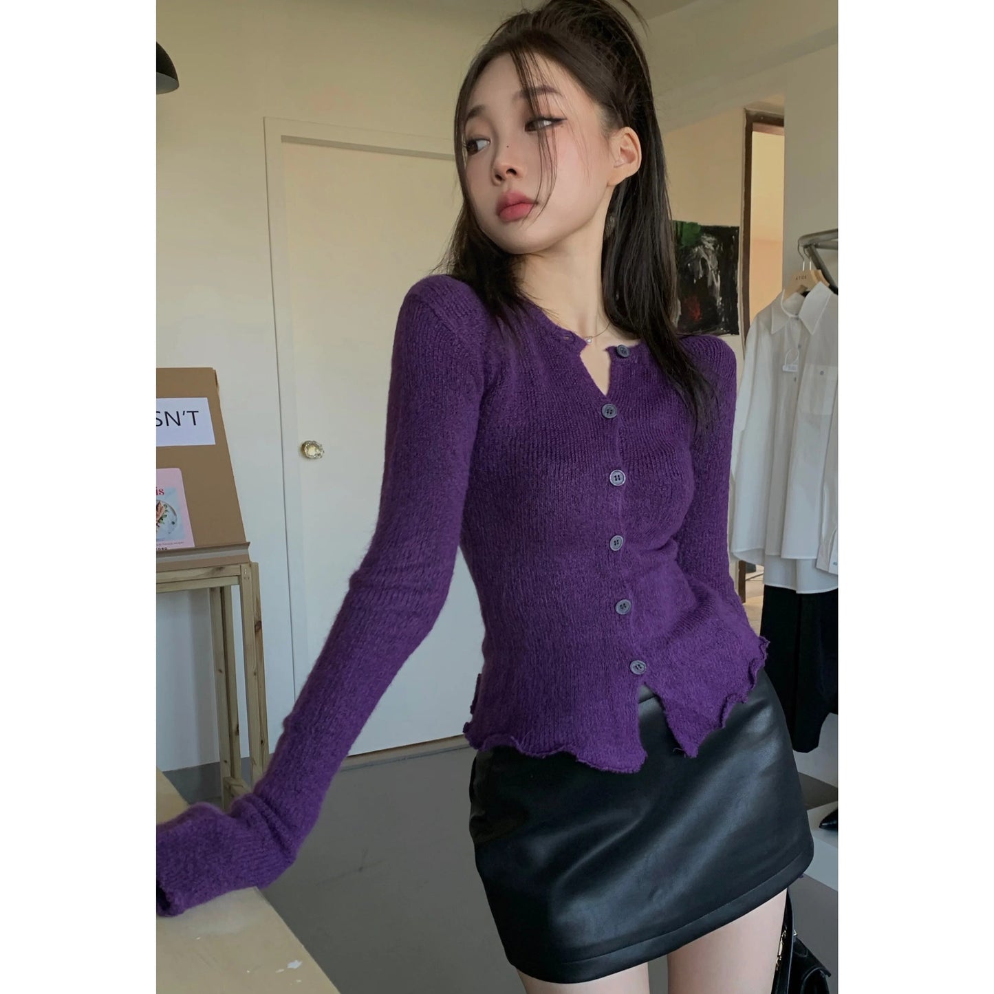 maoxiangshop Tight Button Cardigan Purple Knitted Sweater Women Winter New In Elegant Coat 2000s Clothes