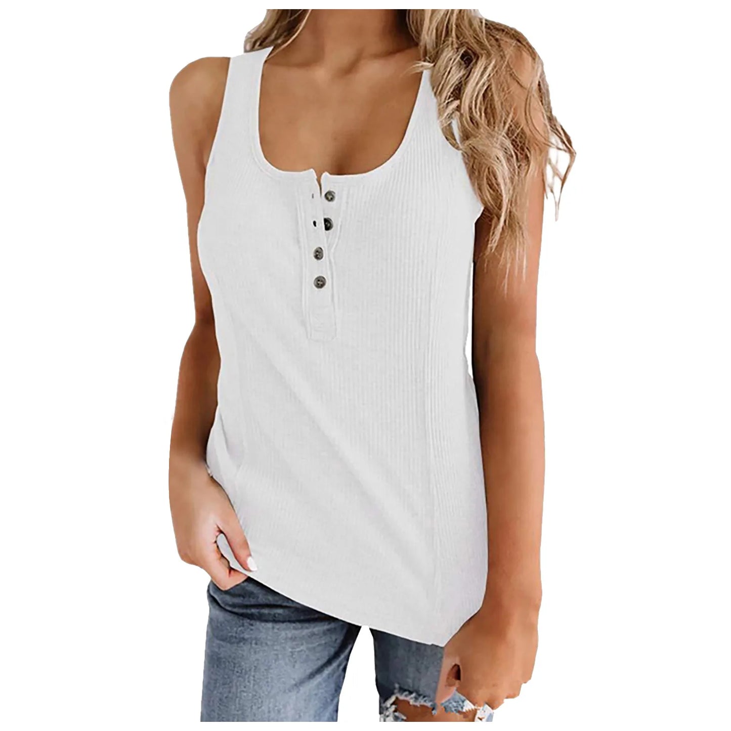 maoxiangshop Plus Size Fashion Womens Round Neck Sleeveless Camisole Button Solid Color Vest Blouse Easy Tops New Fashion Simple Women'S Top