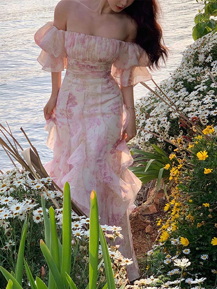maoxiangshop Floral Sweet Women Midi Dress Mesh Elegant Slash Neck Korean Summer Female Dresses Petal Sleeve Fashion Lady Vestido New