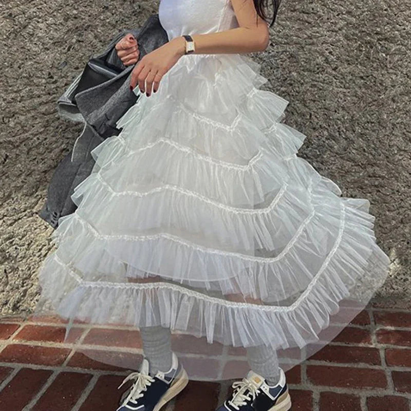 maoxiangshop - Maxi Long Tulle White Skirts for Women Gothic Patchwork Ruffles Skirt Casual Party Fairycore Summer Jupe Longue Falda Mujer