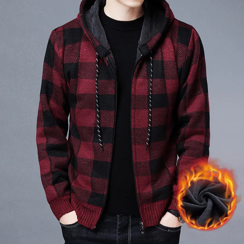 maoxiangshop Men Sweater Jacket Fashion Winter Coat Fleece Hoodies High Quality Luxury Checkered Hooded Knit Cardigan Male Outer Wear