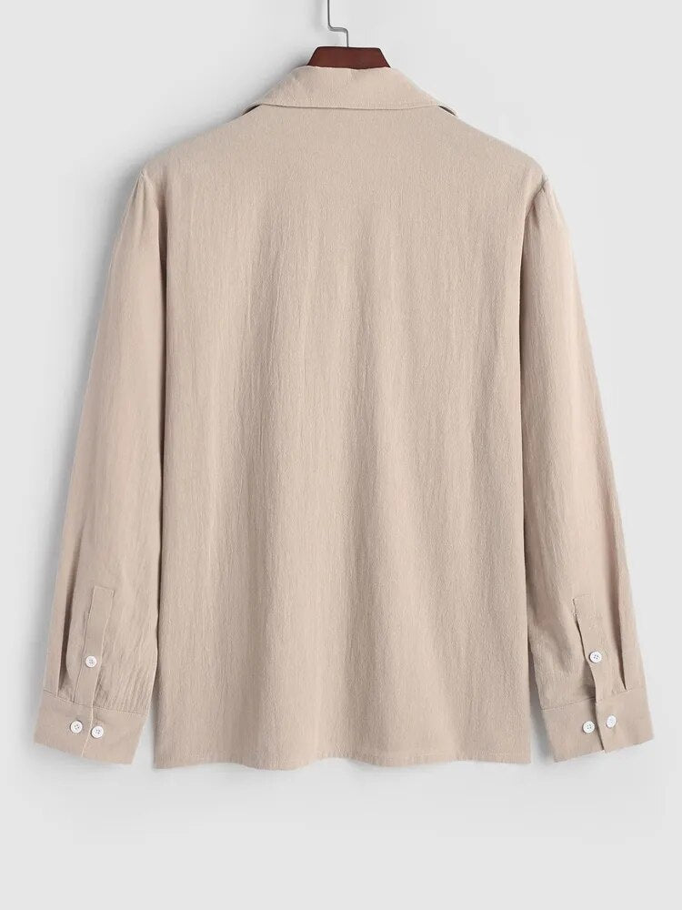 maoxiangshop Long Sleeve Men's Shirts Solid Color Linen Textured Turn Down Collar Pullover Shirt Casual Streetwear Tops