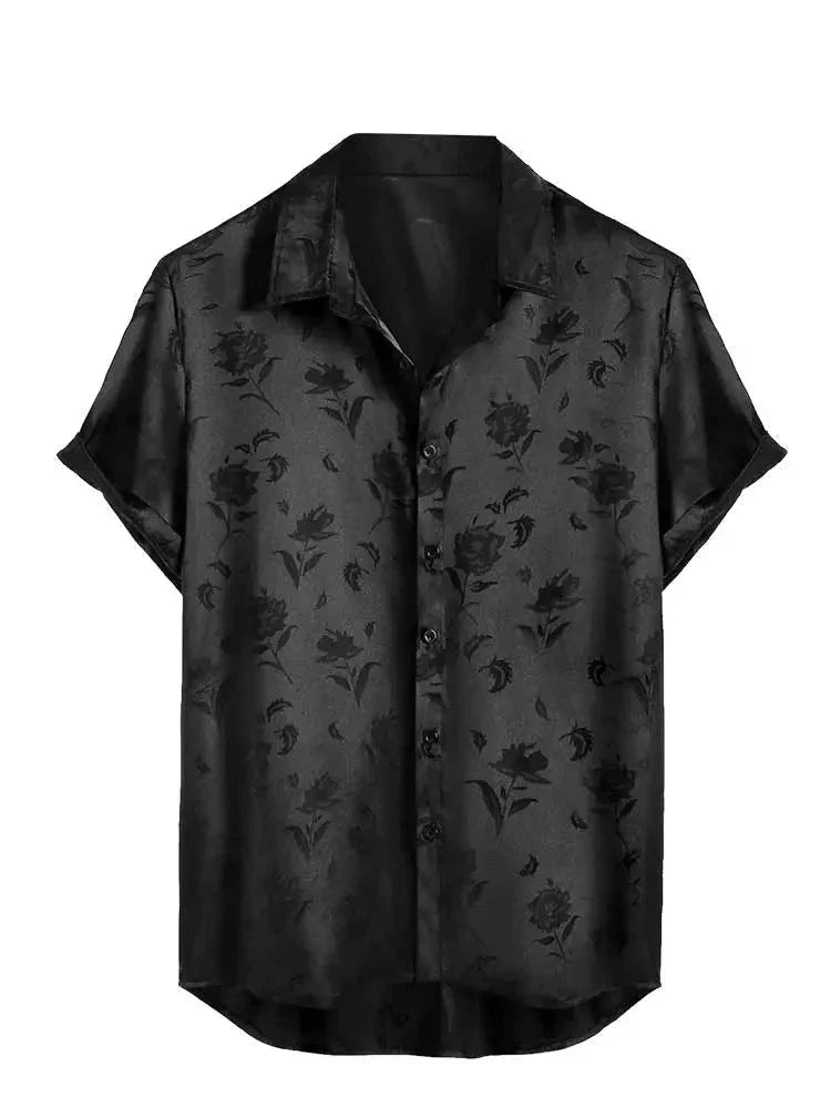 maoxiangshop Satin Shirts for Men Jacquard Rose Printed Silky Short Sleeve Shirt Summer Streetwear Button Blouse Tops