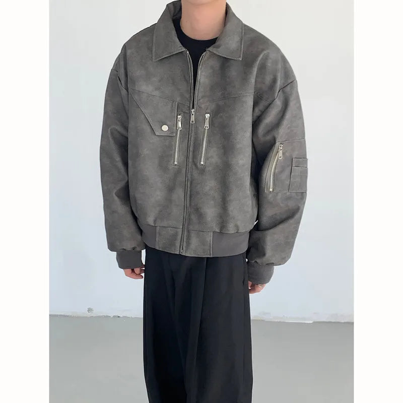 maoxiangshop Short Leather Jacket Men Oversized Fashion Casual Motorcycle Jackets Men Streetwear Hip-hop Loose Bomber Jacket Mens Outwear