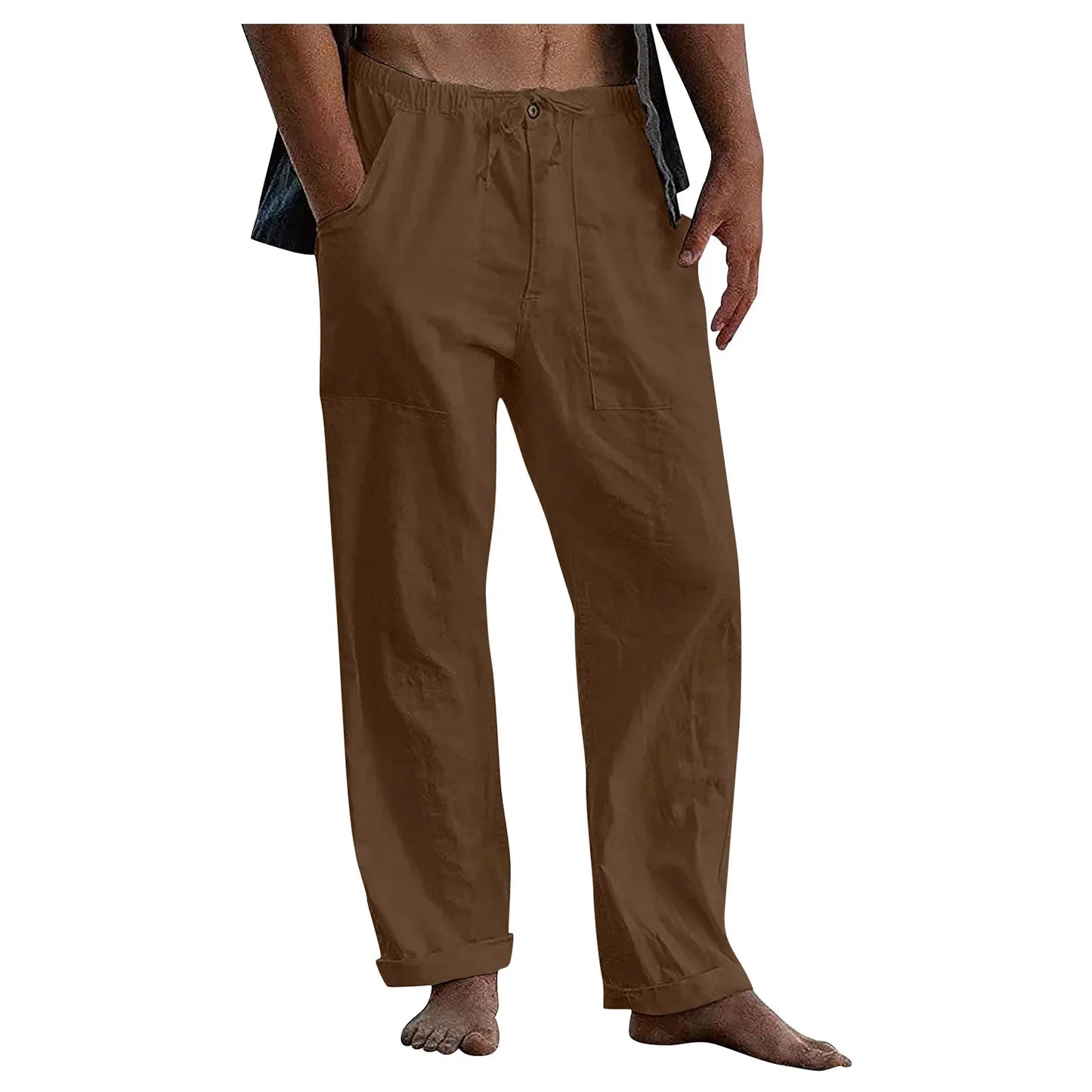 maoxiangshop New Men's Cotton Linen Pants Summer Solid Color Breathable Linen Trousers Summer elastic waist drawstring loose pants