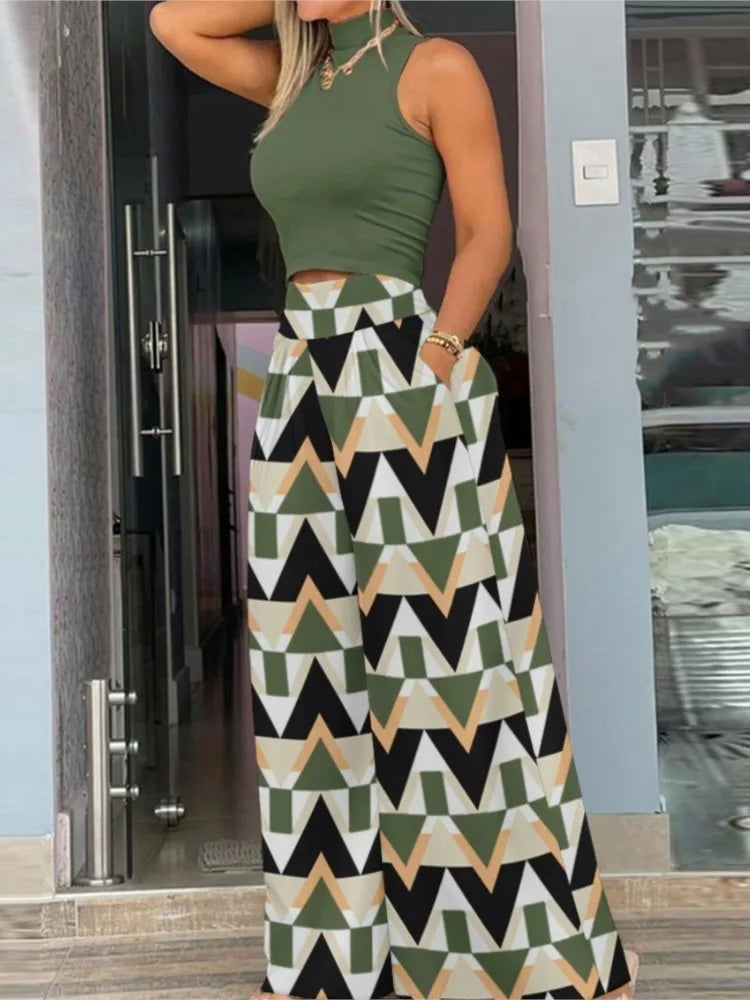maoxiangshop Sexy Off Shoulder Sleeveless Blouse Pants Set Office Lady Spring Summer Print Tops Trousers Two Piece Set Women Outfit