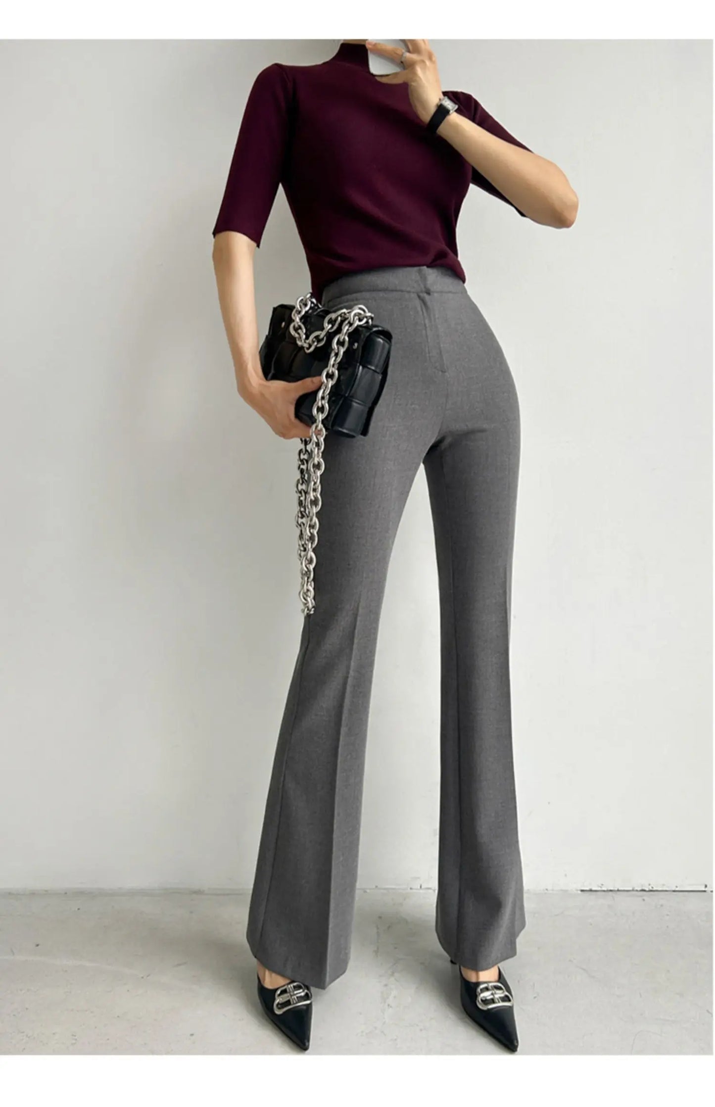 maoxiangshop - Elegant Women Grey Flare Suit Pants Loose 2024 Autumn Office Ladies Korean High Waist Pockets Casual Trousers