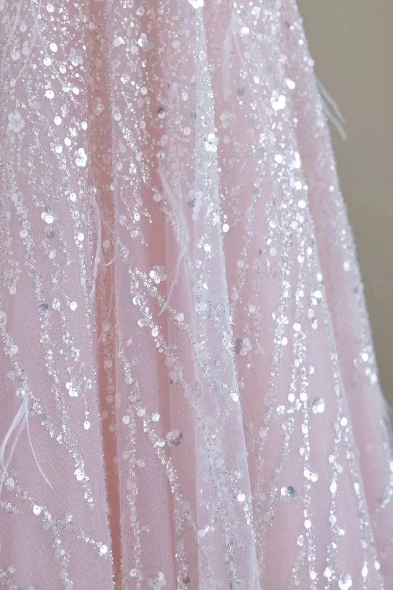maoxiangshop Luxury Pink feather Prom dresses women advanced light luxury a word shoulder fairy Evening dress high-end party gown