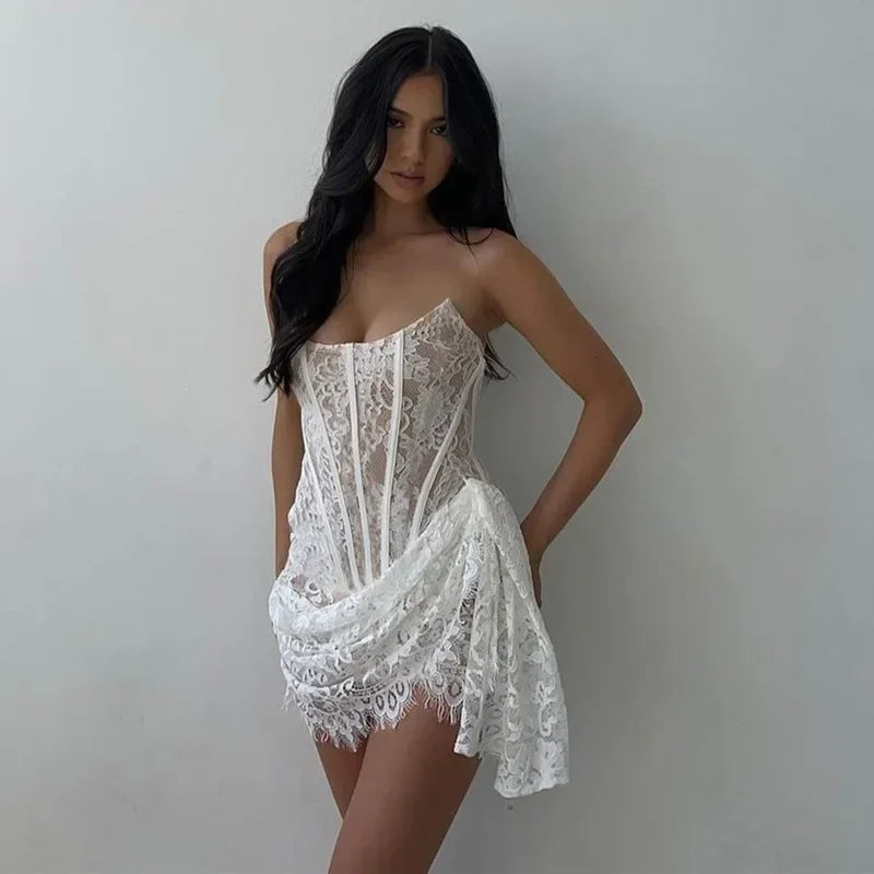 maoxiangshop-Sexy Asymmetric Sheer Lace Mini Dresses White Fishbone Corset Dress Birthday Party Club Outfits for Women C33-DI15