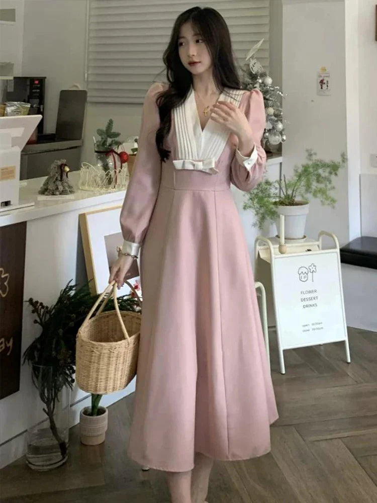 maoxiangshop-Faymusty Women's Pink Sweet Dress with Bow Chic Lace Party Mini Dresses Female Casual High Waist Patchwork Kawaii Spring 2024