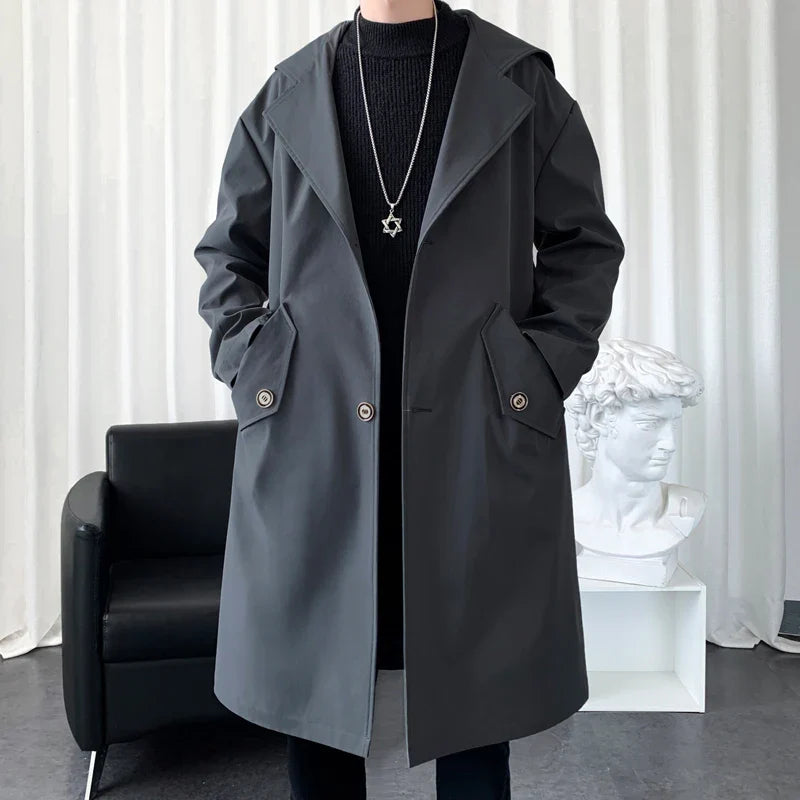 maoxiangshop Streetwear Men's Trench Coat Autumn Winter New Casual Long Windbreaker Jacket Male Solid Color Single Breasted Outwear Overcoats