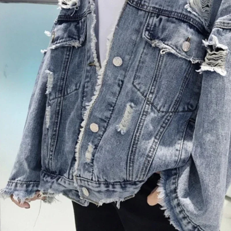 maoxiangshop Fashion Blue Ripped Denim Jacket Y2K Distressed Streetwear Hip Hop Broken Hole Jeans Biker Jackets Men's Spring Jackets