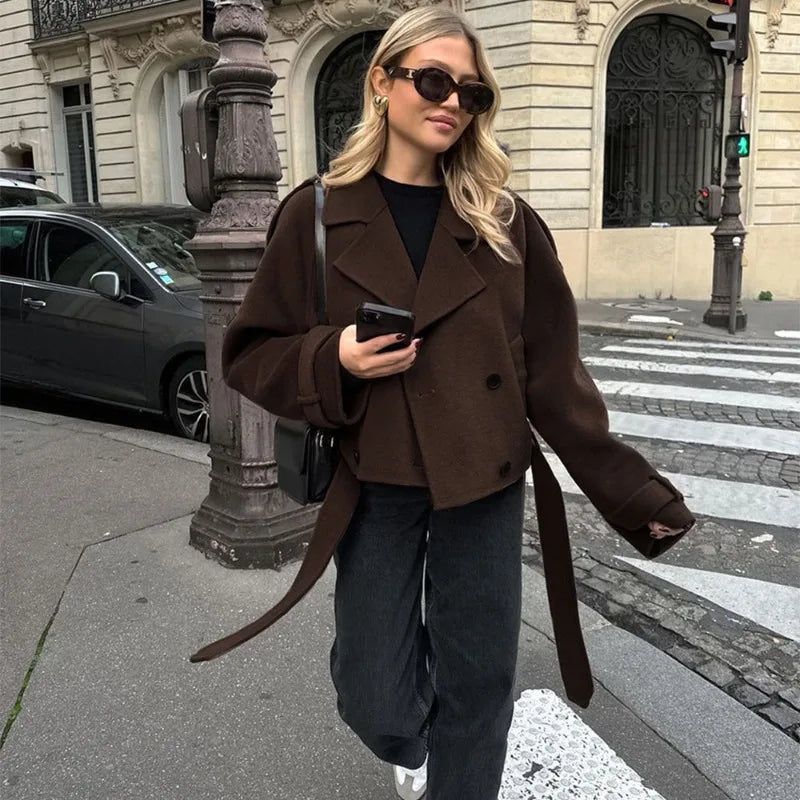 maoxiangshop - Brown Double Breasted Wool Coat Office Women's Retro Lapel Short Jacket Loose Solid Autumn Winter Coat Female Outfits