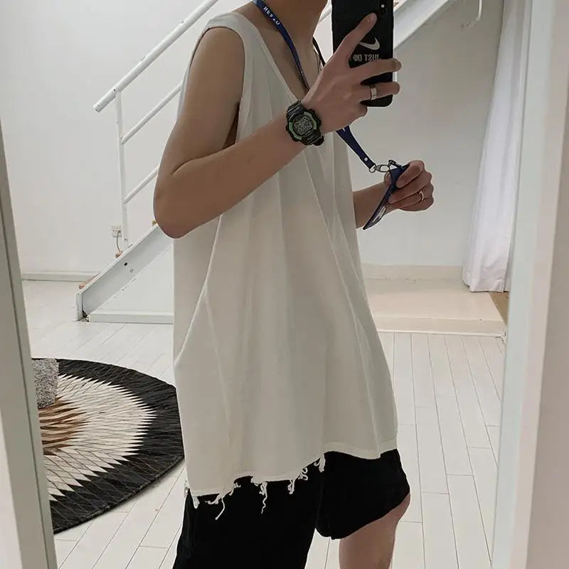 maoxiangshop Hip Hop Streetwear Men Retro Old Vest Harajuku Multicolors Oversized Tank Tops Summer Sleeveless T-shirt Solid Color Tees