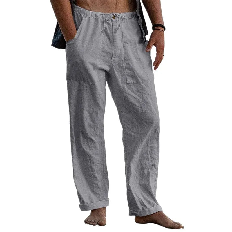 maoxiangshop New Men's Cotton Linen Pants Summer Solid Color Breathable Linen Trousers Summer elastic waist drawstring loose pants