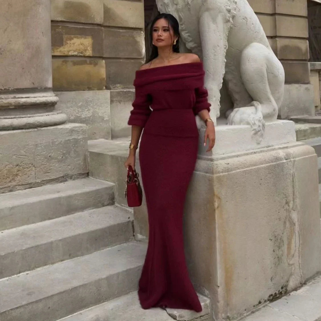 maoxiangshop - Elegant Red Off Shoulder Pleated Knit Maxi Dress For Women Chic Slash Neck Backless Long Sleeve Robe 2024 Autumn Lady Party Gown