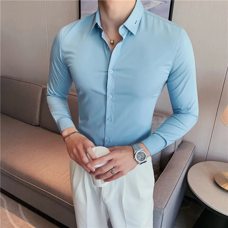 maoxiangshop British Style Men Long Sleeved Shirt Autumn Anti-wrinkle Soft Solid Casual Elastic Slim Fit Camisas Y Blusas Men Clothing