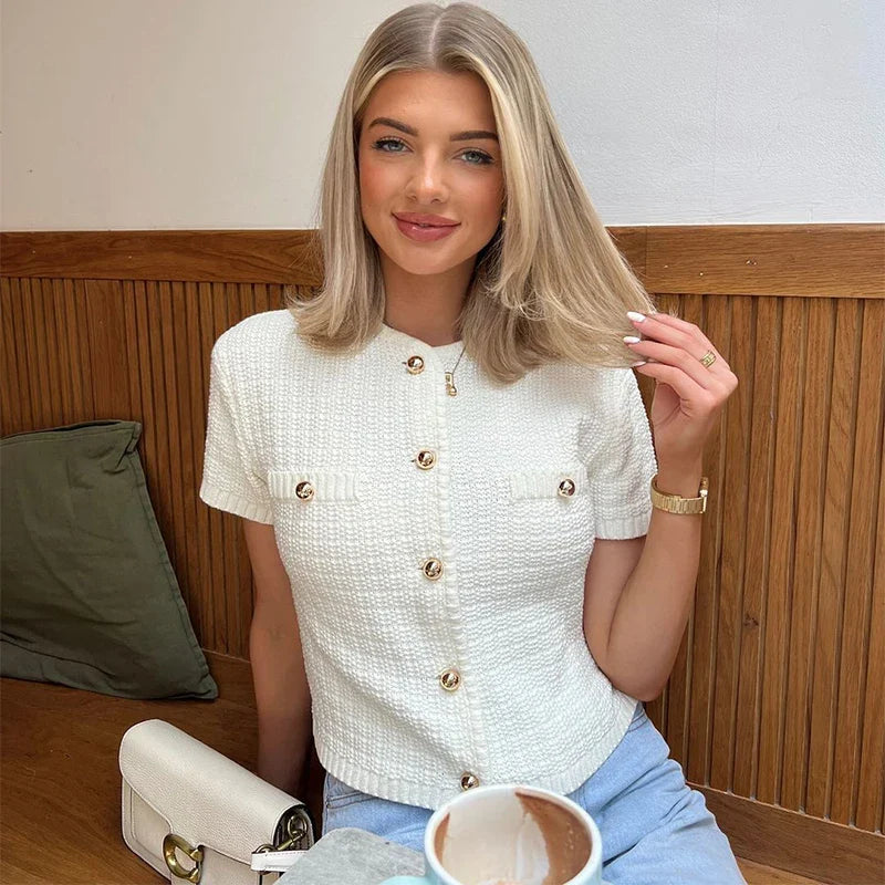 maoxiangshop - Knitted Single-breasted Cardigan For Women Solid O-neck Short Sleeve Crop Sweater 2024 Autumn Elegant Lady Urban Casual Knitwear