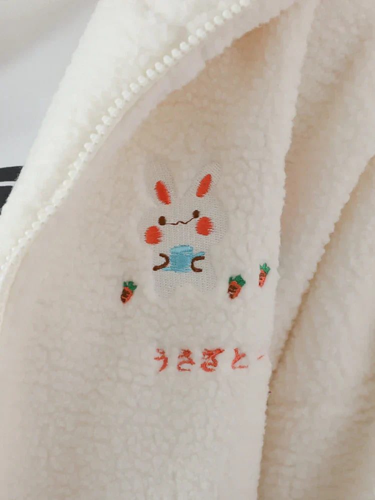 Lamb Wool Kawaii Zipper Hooded Jackets Women Cartoon Rabbit Embroidery Harajuku Warm Coat Winter Long Sleeve Thick Outwears