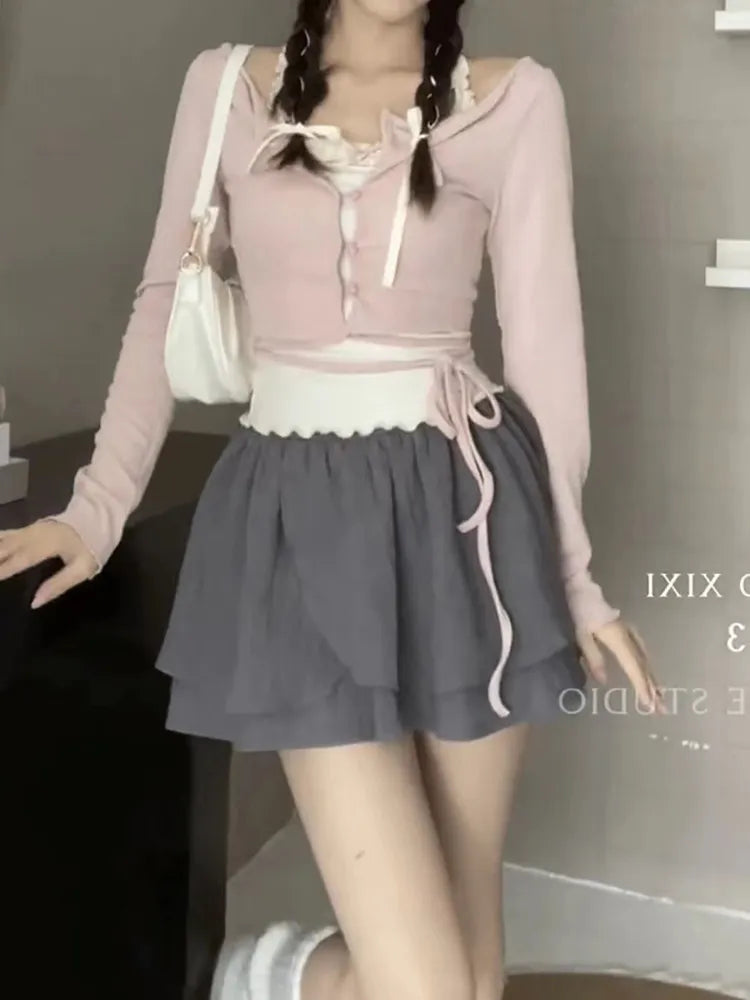 maoxiangshopFashion Elegant Preppy Style 2 Piece Skirt Set Fake Two Pieces V-Neck Crop Top + Elastic Waist Mini A-line Skirt Y2K Streetwear