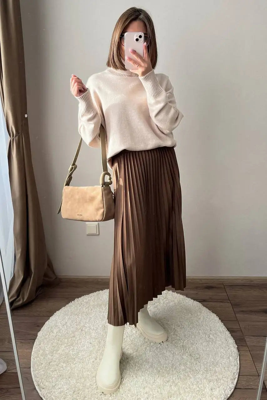 maoxiangshop - Chic Pleated Long Skirts 2024 New Elastic Waist French Elegant Women Skirts For Spring Fall A-line Casual Retro Lady Skirts