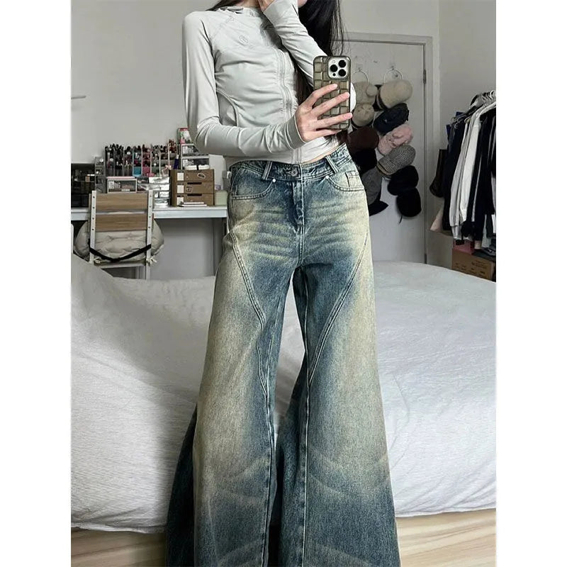 HOUZHOU Y2K Grunge Distressed Baggy Jeans Women Gyaru Vintage 90s Streetwear Flare Denim Pants American Retro Aesthetic Trousers