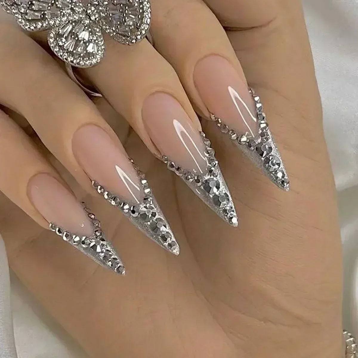 maoxiangshop 24Pcs False Nails With Glue Almond Pink Butterfly Design Detachable Rhinestones Acrylic Fake Nails long stiletto Press On Nails